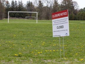 A soccer field is closed by order of the province of Ontario in Mt. Brydges, Ont., Monday, April 19, 2021.