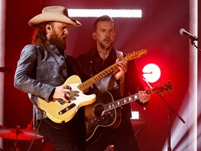 Brothers Osborne perform "Dead man's curve" during the 56th Academy of Country Music Awards (ACM) at the Ryman Auditorium in Nashville, April 18, 2021.