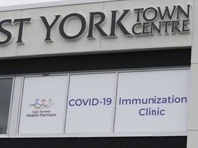 COVID-19 immunization clinic opens inside the East York Town Centre in Toronto, Saturday April 3, 2021.
