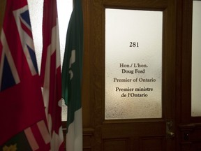 The closed door to the office of Ontario Premier Doug Ford is seen at the Ontario Legislature, in Toronto, Tuesday, April 20, 2021.