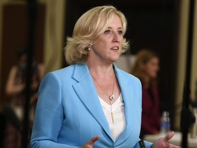 Lisa Raitt, co-chair of the Conservative leadership race, speaks during a live television broadcast to provide an update on the timing of the announcement for the new leader of the Conservative Party of Canada Aug. 23, 2020.