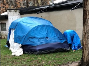 An image of the blue tent set up in St. James Park.