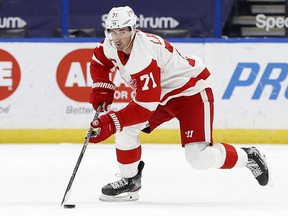 Detroit Red Wings centre Dylan Larkin skates with the puck against the Tampa Bay Lightning at Amalie Arena.