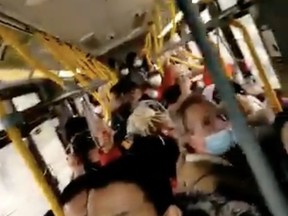 A screengrab from video of a crowded TTC Steeles bus posted to Twitter on April 12, 2021.
