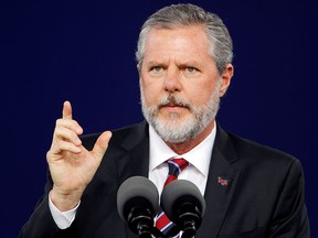 Liberty University President Jerry Falwell Jr. speaks during the school's commencement ceremonies in Lynchburg, Virginia, May 11, 2019.
