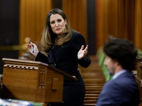 Finance Minister Chrystia Freeland delivers the budget in the House of Commons on Parliament Hill in Ottawa, Monday, April 19, 2021.