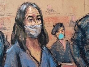 British socialite Ghislaine Maxwell appears during her arraignment hearing on a new indictment at Manhattan Federal Court in New York City, April 23, 2021, in this courtroom sketch.