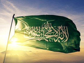 Hamas flag on flagpole textile cloth fabric waving on the top sunrise mist fog.