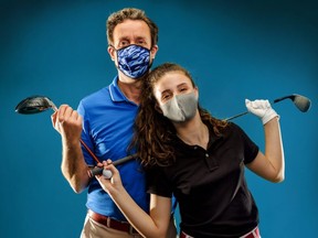 Girl and a boy playing golf with Covid-19 mask, they are ready to go