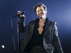 In this handout photo provided by Helene Marie Pambrun, Harry Styles performs during his European tour at AccorHotels Arena on March 13, 2018 in Paris, France.
