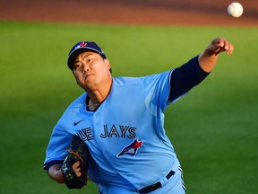 Blue Jays starting pitcher Hyun Jin Ryu delivers a pitch in the first inning against the New York Yankees at TD Ballpark on Tuesday, April 13, 2021 in Dunedin, Fla.