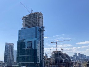 Cranes dot the downtown Toronto skyline on April 14, 2021.