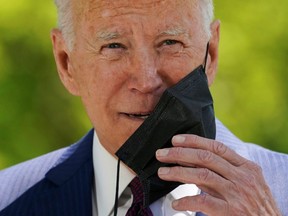 U.S. President Joe Biden arrives to speak about loosening COVID-19 mask guidelines outside the White House in Washington, D.C., Tuesday, April 27, 2021.