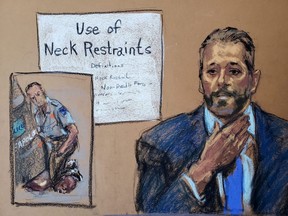 In this courtroom sketch, Minneapolis Police Lt. Johnny Mercil answers questions on the seventh day of the trial of former Minneapolis police officer Derek Chauvin for second-degree murder, third-degree murder and second-degree manslaughter in the death of George Floyd in Minneapolis, Tuesday, April 6, 2021.