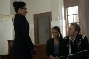 Julia Louis-Dreyfus, Gabrielle Byndloss and Wyatt Russell in a scene from Falcon and the Winter Soldier.