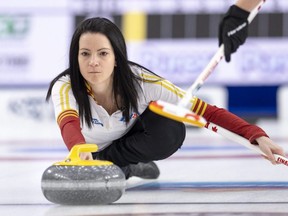 Team Canada skip Kerri Einarson throws her rock in the gold medal game at the Scotties Tournament of Hearts in Calgary, Feb. 28, 2021.
