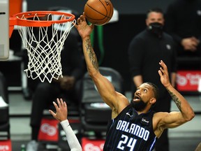 Orlando Magic centre Khem Birch, right, shoots the ball over Los Angeles Clippers guard Luke Kennard (not pictured) during the first half at Staples Center in Los Angeles, Calif., May 30, 2021.