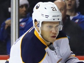 Kyle Okposo of the Buffalo Sabres skates against the New York Islanders during the second period at the Barclays Center on Dec. 23, 2016 in the Brooklyn borough of New York City.