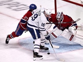 Montreal Canadiens goaltender Jake Allen makes a save on Maple Leafs centre Jason Spezza last night. USA TODAY Sports