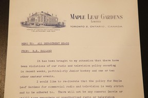 A letter from Ballard with Maple Leafs Gardens letterhead on it. JACK BOLAND/TORONTO SUN