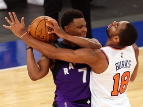 Kyle Lowry (left) didn’t come across as hopeful about the Raptors’ future. “Game at a time,” Lowry said.  USA TODAY Sports