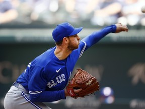Blue Jays starting pitcher Steven Matz delivers against the Texas Rangers in the bottom of the first inning on Opening Day at Globe Life Field on Monday, April 5, 2021 in Arlington, Texas.