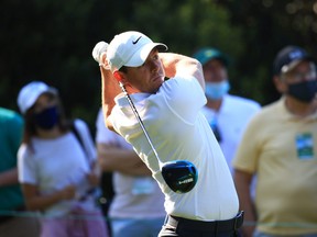 Rory McIlroy, who is making his seventh attempt at the career grand slam this week, tees off on the 15th hole during a practice round for the Masters on Tuesday.