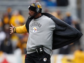 Head coach Mike Tomlin of the Pittsburgh Steelers is seen on the sidelines during a game against the Miami Dolphins at Heinz Field on January 8, 2017 in Pittsburgh.