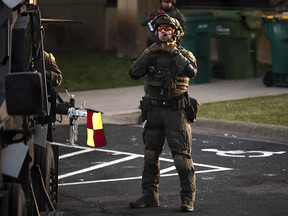 Law enforcement officers stage outside the Brooklyn Center police headquarters on April 16, 2021 in Brooklyn Center, Minnesota.