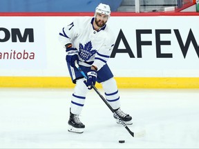 Toronto Maple Leafs forward Nick Foligno skates in the warmup before facing the Jets in Winnipeg, April 22, 2021.