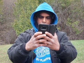 An image released by Toronto Police of a man sought in an alleged assault with a weapon incident on April 15, 2021 at Burrows Hall Park.