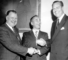 Harold Ballard (left) John Bassett (centre) and Stafford Smythe. FILE PHOTO