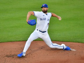 Blue Jays starting pitcher Robbie Ray delivers a pitch to the New York Yankees in the second inning at TD Ballpark on April 12, 2021 in Dunedin, Fla.
