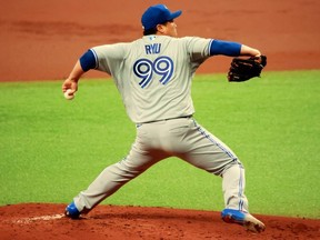 Blue Jays ace Hyun-jin Ryu suffered a glute strain against the Tampa Bay Rays in the first inning at Tropicana Field on Sunday in St Petersburg, Fla.  Getty Images