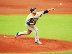 Blue Jays starting pitcher Hyun-Jin Ryu delivers during the second inning against the Tampa Bay Rays at Tropicana Field on April 25, 2021 in St Petersburg, Fla.