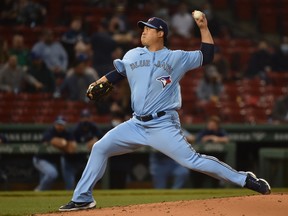 Blue Jays starting pitcher Hyun Jin Ryu delivers during the third inning against the Red Sox at Fenway Park in Boston on Tuesday, April 21, 2021.