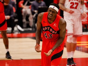 Raptors' Pascal Siakam reacts after committing a foul during the third quarter against the Chicago Bulls at Amalie Arena on Thursday, April 8, 2021.