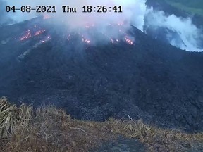 This April 8, 2021, image courtesy of The University of the West Indies (UWI) Seismic Research Centre shows the lava dome in the La Soufriere Volcano in St. Vincent.