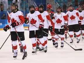 Team Canada celebrates after defeating at Gangneung Hockey Centre on February 19, 2018 in Pyeongchang-gun, South Korea.