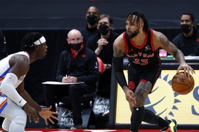 Raptors’ Gary Trent Jr. (right) drives to the basket against the Thunder during the first half at Amalie Arena on Sunday, April 18, 2021. KIM KLEMENT/USA TODAY SPORTS