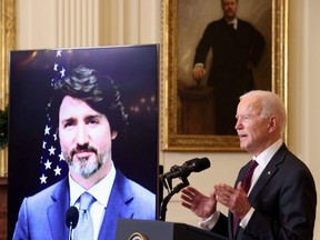 U.S. President Joe Biden and Prime Minister Justin Trudeau, appearing via video conference call, give closing remarks at the end of their virtual bilateral meeting from the White House in Washington, D.C., Feb. 23, 2021.