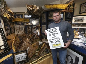 Mark Fera, who lives in the GTA, owns a massive Toronto Maple Leafs collection of memorabilia and artifacts. The most unique piece of the entire collection is dedicated to legendary Leaf Bill Barilko. It includes the game-winning puck, gloves, skates and amazingly sections of the actual plane he last flew in. It includes the framework of the fuselage, pontoon, landing gear and exhaust system. Thursday April 8, 2021. Jack Boland/Toronto Sun/Postmedia Network