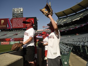 Fans wait in the stands after the game was postponed for COVID-19 contact tracing between the Los Angeles Angels and Minnesota Twins at Angel Stadium.