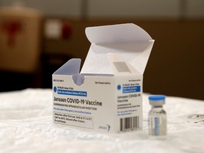 A vial of the Johnson & Johnson vaccine is seen at Northwell Health's South Shore University Hospital in Bay Shore, New York, March 3, 2021.