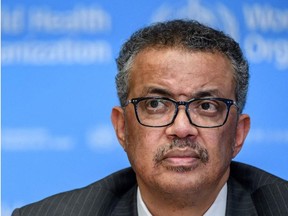 This file photo taken on March 11, 2020, shows World Health Organization (WHO) Director-General Tedros Adhanom Ghebreyesus attending a press briefing on COVID-19 at the WHO headquarters in Geneva.