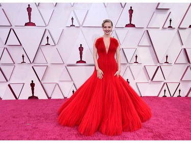 Amanda Seyfried, nominated for an Academy Award for Actress in a Supporting Role for her performance in "Mank" arrives at the Oscars on April 25, 2021, at Union Station in Los Angeles. (Photo by Chris Pizzello / POOL / AFP)