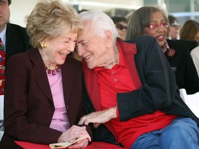 In this file photo taken on May 28, 2008 Actor Kirk Douglas and wife Anne attend the Anne and Kirk Douglas 400th Playground Dedication at Lillian Street Elementary School, in Los Angeles, California.