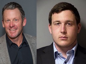 The son of Lance Armstrong, left, Luke Armstrong, has been charged with sexual assault in Texas.
