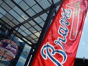 The logo of the Major League Baseball (MLB) team Atlanta Braves is seen near Truist Park in Atlanta, Georgia, U.S. June 20, 2020.