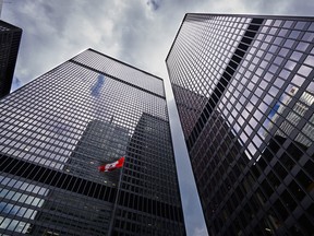 Toronto TD buildings with Canadian flag waving standing tall.